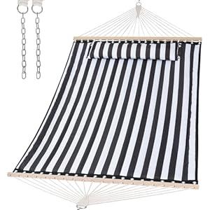 SUNCREAT Double Quilted Hammock with Hardwood Spreader Bar, Extra Large Soft Pillow, Heavy Duty 2 Person Hammock for Indoor, Outdoor, Black Stripes