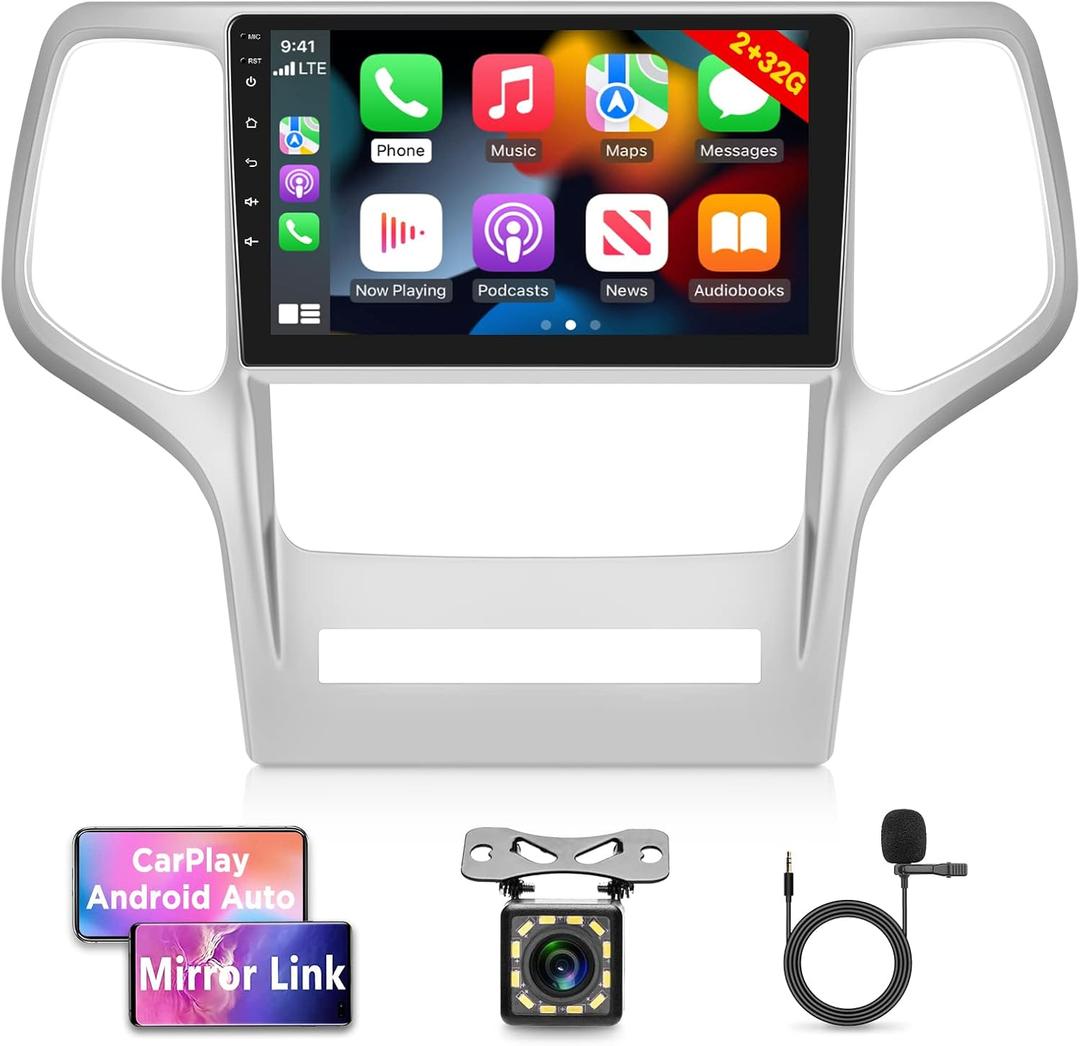 [2G+32G] Android 11 Car Radio for Jeep Grand Cherokee 2008 2009 2010 2011 2012 2013, Touch Screen Car Play Stereo, Carplay/Android Auto/Mirror Link/1080P/Bluetooth/SWC + Backup Camera + MIC
