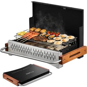 Portable Hibachi Charcoal Grill for Outdoor Camping, No Assembly BBQ Grill with Stainless Steel Grate, Height Adjustable Foldable Grill for Beach and Patio