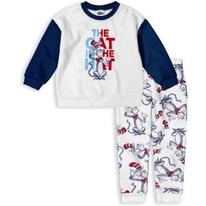 Dr. Seuss Cat in the Hat Boys Fleece Crewneck Top and Pants Set for Toddlers (3T, White)