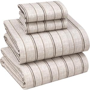 RUVANTI 100% Cotton Sheets  Queen Size Percale Bedding, Cooling & Breathable Floral Design, Durable with a Crisp, Soft & Comfortable Feel, 16" Deep Pocket, 4-Piece Set, Brown Stripes