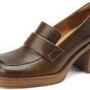 Women's Leather Chunky High Heels Penny Loafers Mid Stacked Heel Square Closed Toe Slip On Dress Uniform Oxfords Vintage Classic Comfortable Work Office Pumps Elegant Party Dress Shoes (Brown,5)