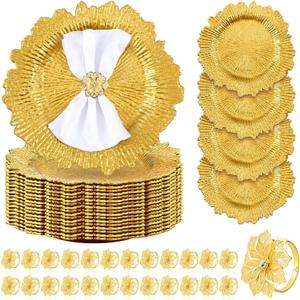 Dandat 100 Pcs Charger Plate Bulk 13'' Floral Reef Plates with Napkin Ring Plastic Dinner Charger Hollow Out Flower Napkin Holder Plastic Plate for Table Setting Wedding Party (Gold)