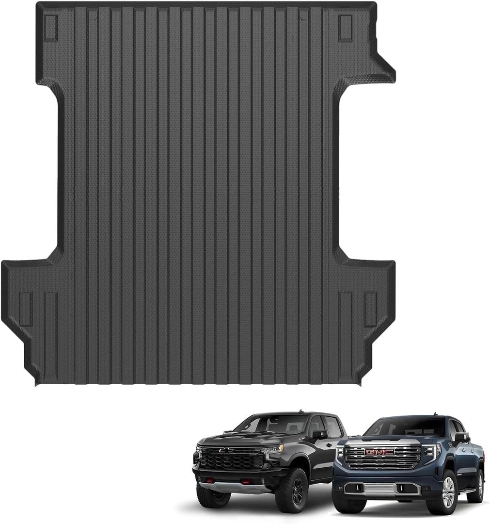 Ecarzo Truck Bed Mat for 2026 2025-2019 Chevy Silverado 1500/GMC Sierra 1500 5.8 FT Custom Fit Heavy-Duty TPE Car Cargo Bed Liner Anti-Slip All-Weather Tailgate Protector Odorless Pickup Accessories