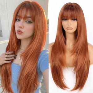 Allbell Ginger Wigs for Women 4x4 Realistic Scalp Free Parting Long Straight layered Wig With Bangs 26 inch Natural Looking Wig Synthetic Heat Resistant Fiber for Daily Party Use