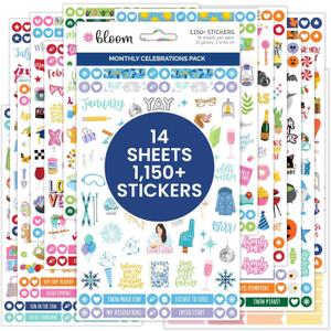 bloom daily planners Monthly Celebrations Planner Stickers for Calendar Decorating, Planning, Scrapbooking - Holiday, Seasonal, & General Events (14 Sheets, 1,100+ Stickers per Pack) (Bright)