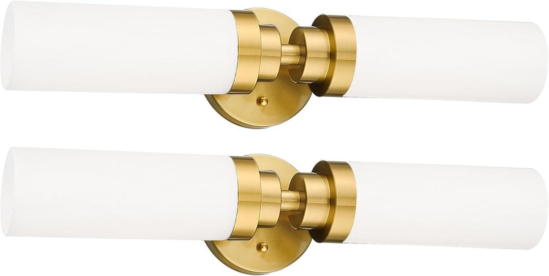 Emak 2 Pack Brushed Gold Bathroom Light Fixtures, 2 Light Bathroom Vanity Light with Milk Glass Shade, 22 Inch Modern Wall Sconce for Bath, Mirror, VL085-BGD-ML-2-PK