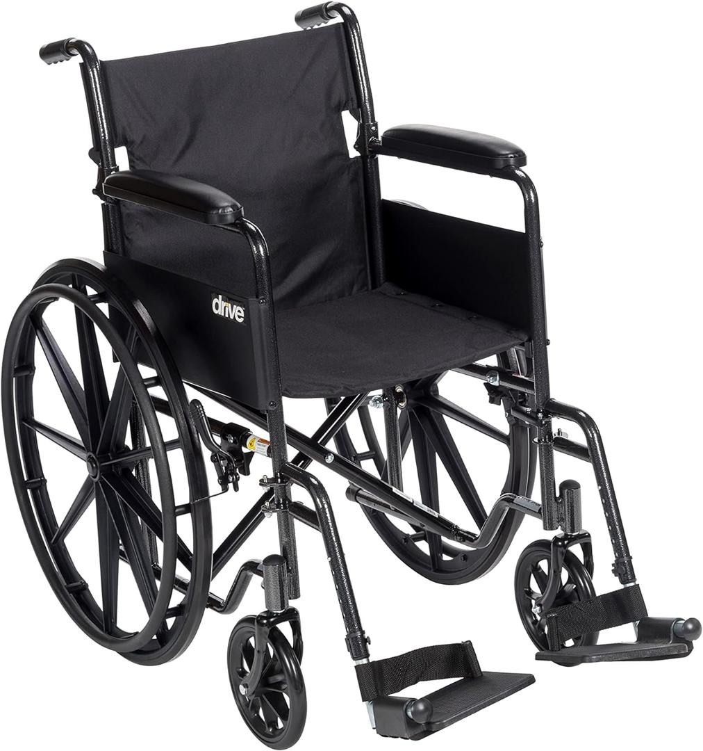 Drive Medical SSP118FA-SF Silver Sport 1 Folding Transport Wheelchair with Full Arms and Removable Swing-Away Footrest, Black