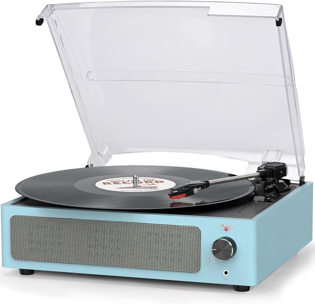 Vinyl Record Player with Speakers Vintage Turntable for Vinyl Records Belt-Driven Turntable Support 3-Speed, Wireless Playback Headphone AUX-in RCA Line LP Players for Sound Enjoyment New Sleek Blue