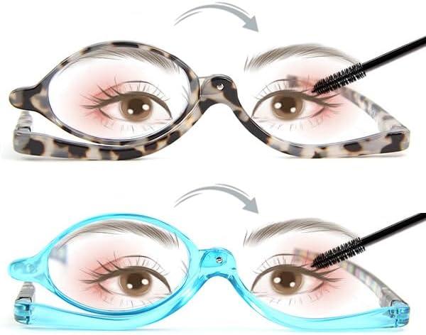 2 Pairs Makeup Reading Glasses for Women, Magnifying Flip Down Cosmetic Readers, Make Up Glasses with Spring Hinge (Blue & Demi)