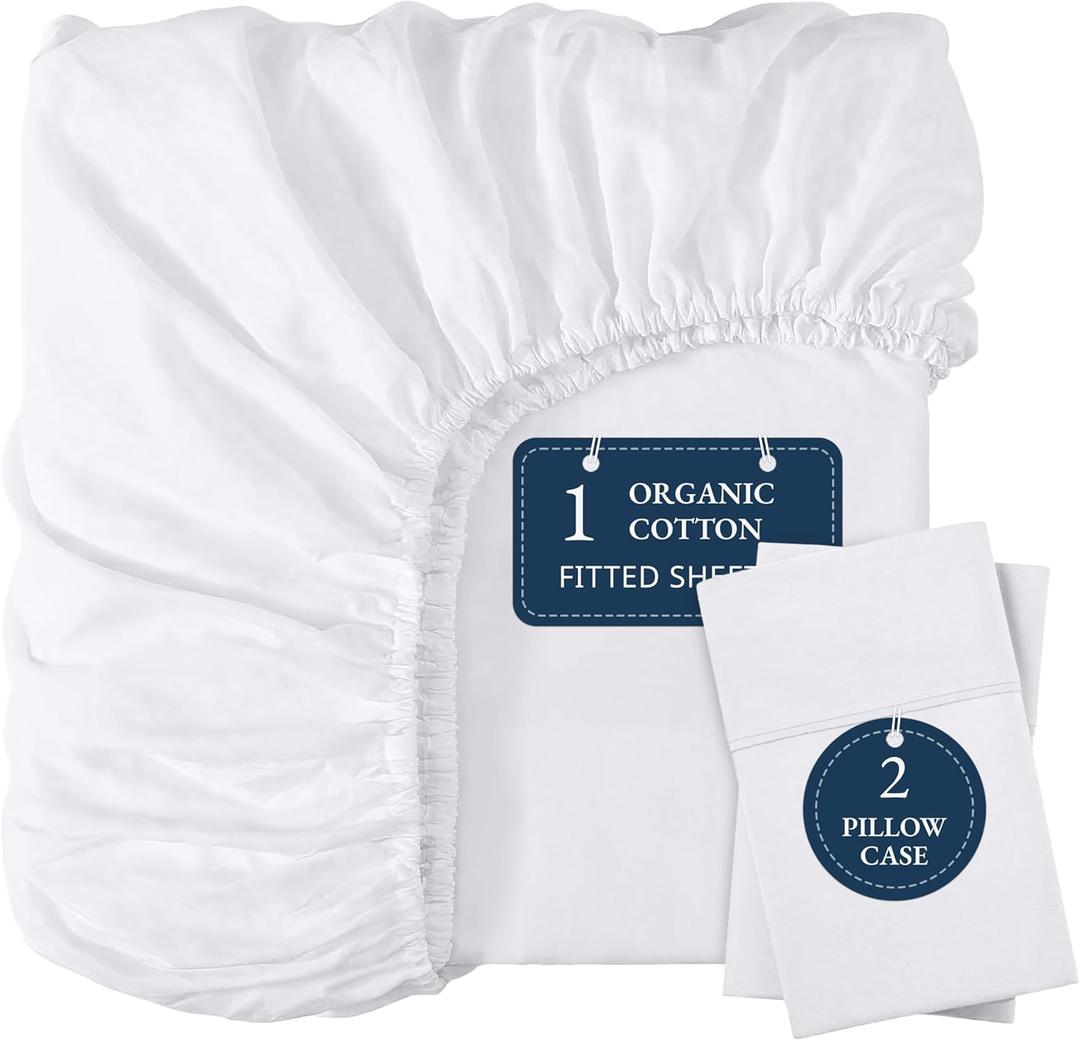 LANE LINEN 100% Organic Cotton Fitted Sheet Queen, 15" Deep Pocket Snug Fit Fully Elasticized Naturally Temperature Regulating Soft & Comfy Deep Pocket Queen Fitted Sheet -White (+Pillowcases) (Queen (3PC))