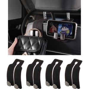 KINIVA Car Seat Headrest Storage Hooks, Set of 2, Suede PU Leather, Double Hooks (Black-4 Pack)