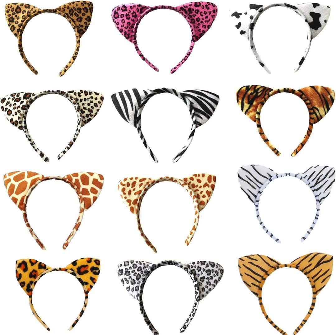 12pcs Animal Cat Ear Headbands Woodland Creatures Cosplay Forest Theme Costume Ears Headbands for Kids Party Favor Halloween Costume
