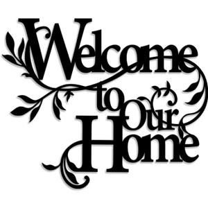 LIYOUYA Welcome to our home metal wall decor - indoor outdoor decoration black text and flowers wall art home decor for living room, dining room, porch, entry door (Black)