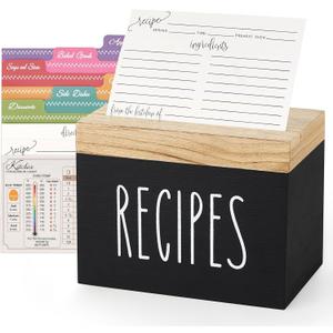 Dahey Wooden Recipe Box Black Recipe Organizer with 100 Recipe Cards and 6 Dividers, Recipe Card Holder Box Set with Brown Lid and Slots to Write in Your Own Recipes for Cooking Lover Kitchen (6.9x4.3)
