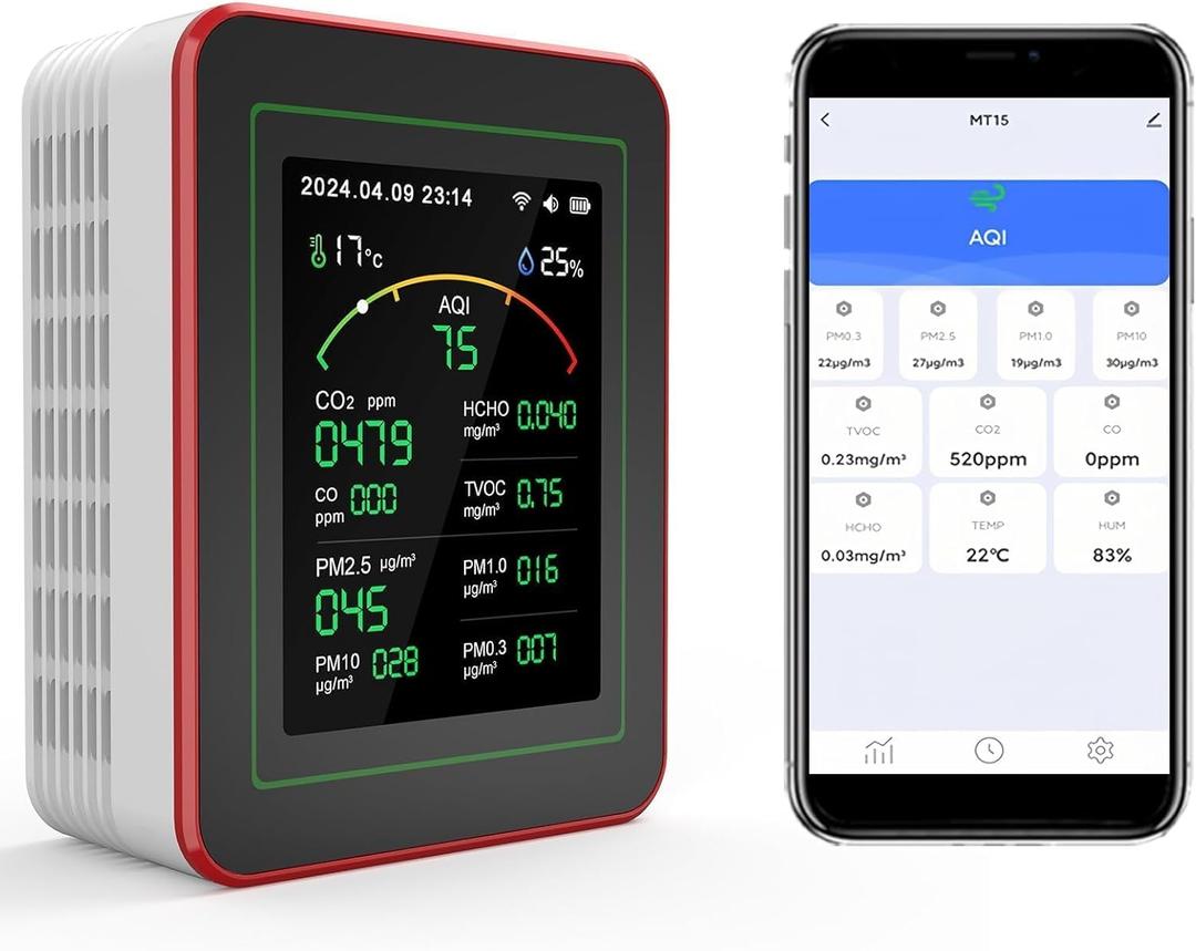 Professional 15-in-1 Air Quality Monitor with Smartphone APP - Dual Chip - Sensors Detect CO2, PM2.5/PM10, HCHO, TVOC | Real-Time AQI Alerts & Custom Thresholds | for Home, Car, Office, Plants, Pets