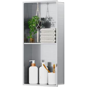 Stainless Steel Shower Niche 24" X 12" No Tile Needed Niche Shower with Two-Tier Recessed Wall Niches Insert for Bathroom Kitchen Storage, Brushed Nickel