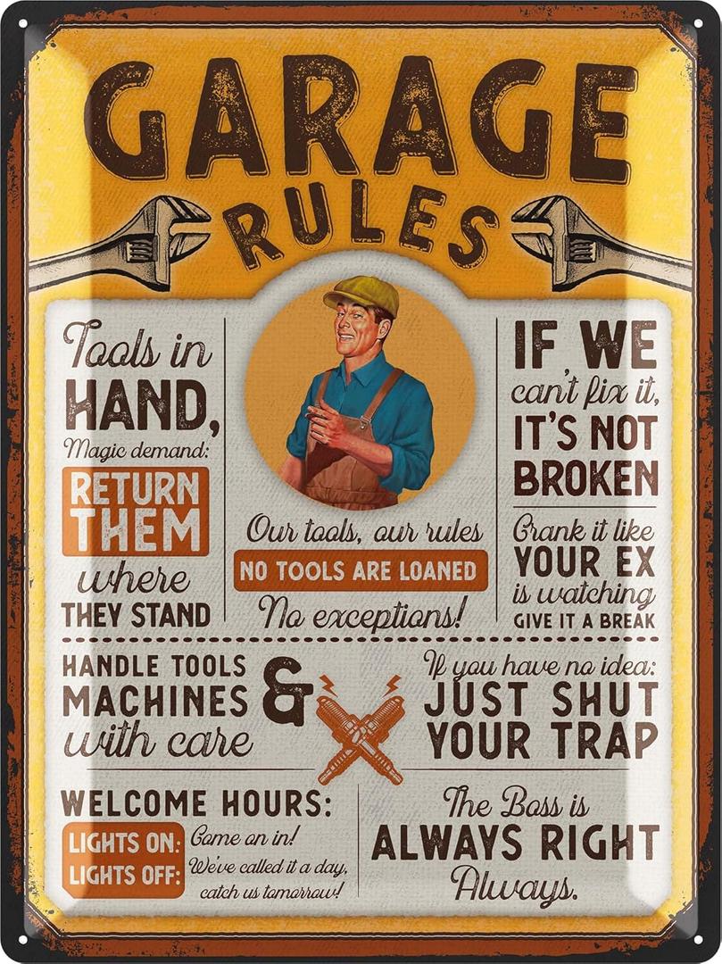LANOLU Garage Signs GARAGE RULES Vintage Sign for Garage, Man Cave Garage Metal Signs, Dad Garage Decor, Funny Mechanic Signs for Men, Shop Decor 12x16"