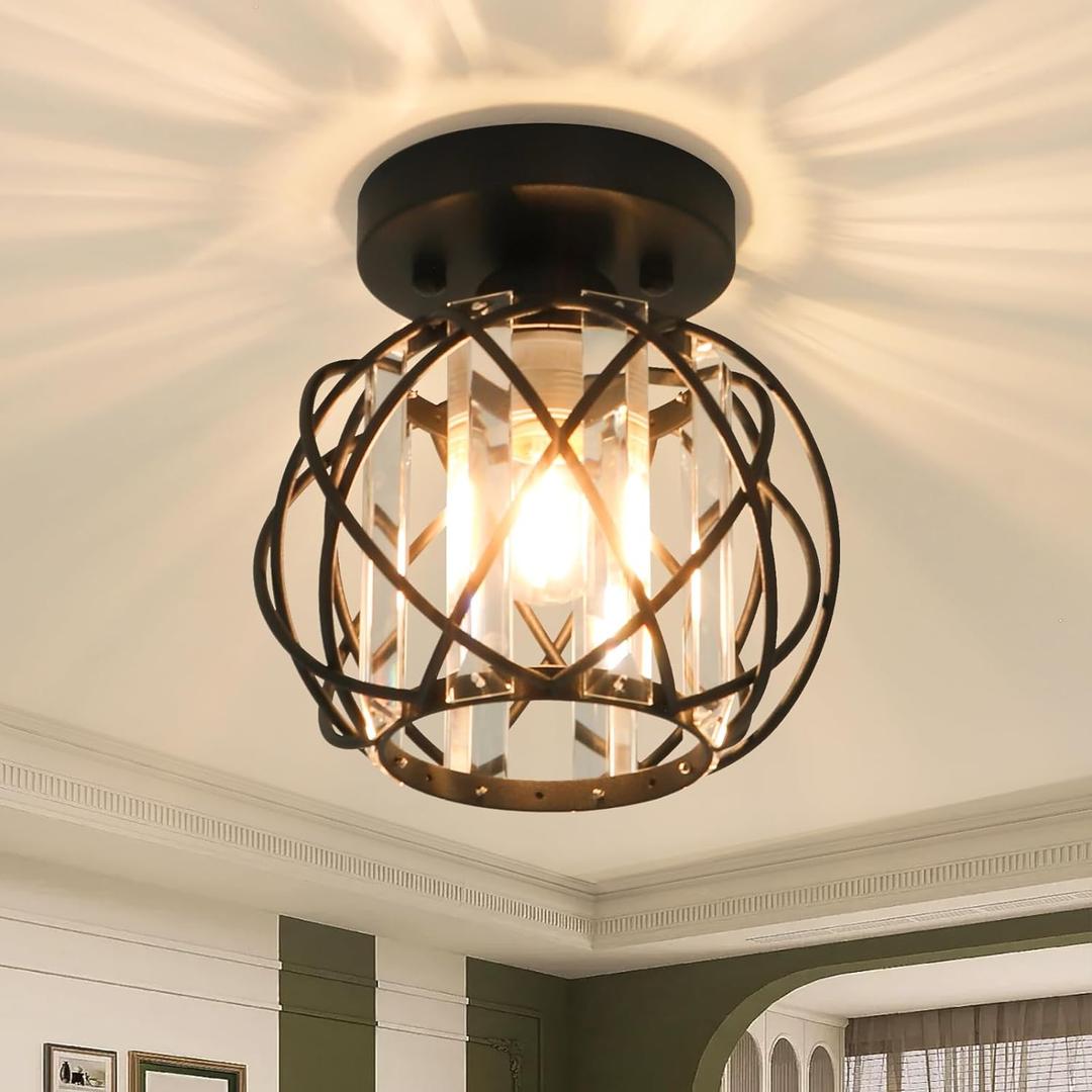 Hallway Ceiling Light fixtures,Flush Mount Ceiling Light Fixture E26 Ceiling Lighting with Crystal Small Chandelier Indoor Lighting for Foyer Entryway Bedroom Bathroom Closet Living Room (Iron+Acrylic, Black)
