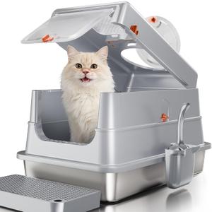 Stainless Steel Cat Litter Box with Lid, Extra Large Enclosed Metal Litter Pan with High Sides, Full Flip Cover Litter Box for Large Cat, Include Scoop & Step, Leak Proof Easy Clean Odor Control, Grey