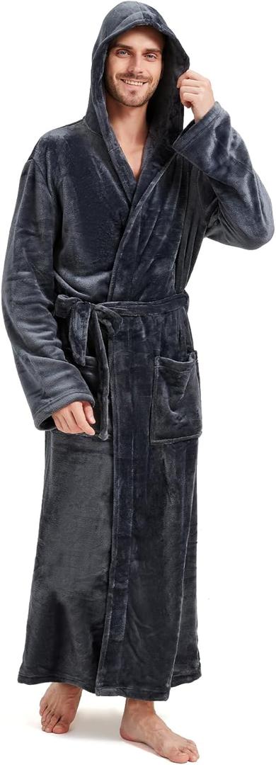 Cozy Plush Fleece Robe for Men, Big and Tall Hooded Long Robe, Warm Loungewear, Shawl Collar Pocketed Bathrobe (Grey)