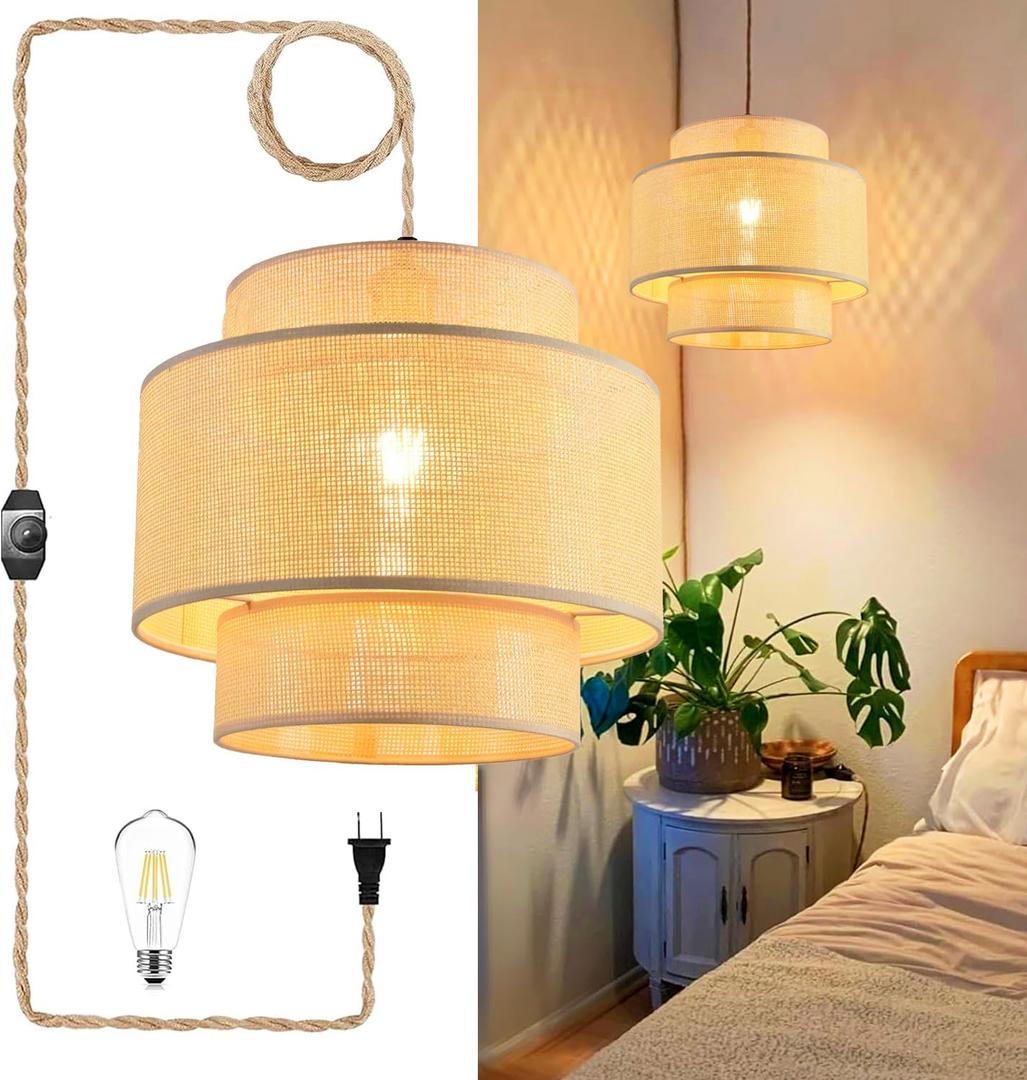 Plug in Pendant Light Hanging Lights with Plug in Cord Hanging Lamp Rattan Boho Dimmable,Wicker Bamboo Woven Lamp Shade, Plug in Ceiling Light Fixture for Farmhouse Living Room Bedroom Kitchen