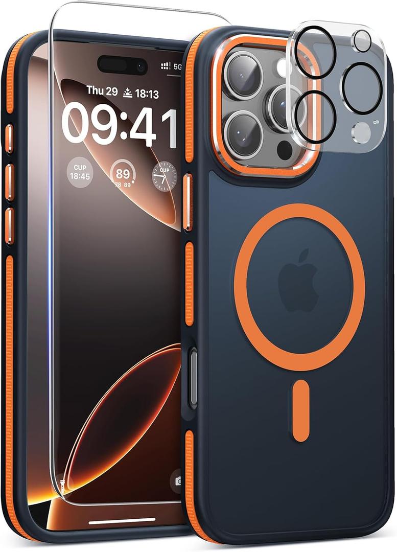 Magnetic 3 in 1 for iPhone 16 Pro Max Case, Omni-Directional Protection with 1x Screen Protector + 1x Camera Cover, Seamless Work with Magsafe Protective Silm Case for iPhone 16 Pro Max Orange