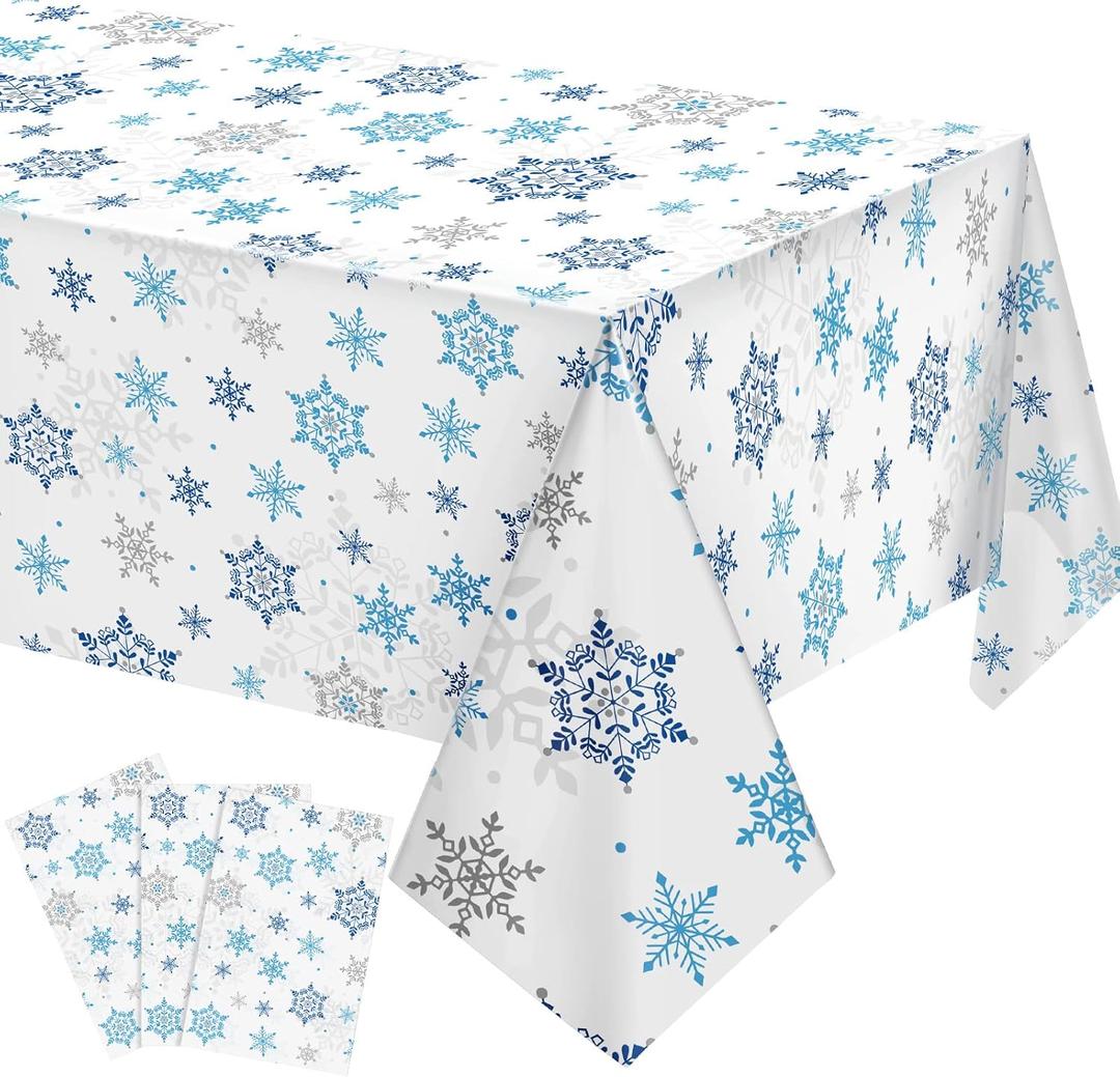 Christmas Snowflake Tablecloth Winter Wonderland Table Clothes Plastic Blue and White Winter Holiday Snowflake Table Cover for Christmas Holiday Birthday Party Supplies, 54 x 108 Inch(3 Pieces)