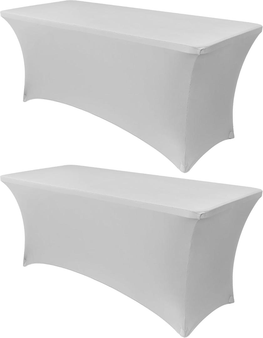 Obstal 6ft Stretch Spandex Table Cover for Standard Folding Tables - Universal Rectangular Fitted Tablecloth Protector for Wedding, Banquet and Party, 72L x 30W x 30H Inches, Silver, 2pc