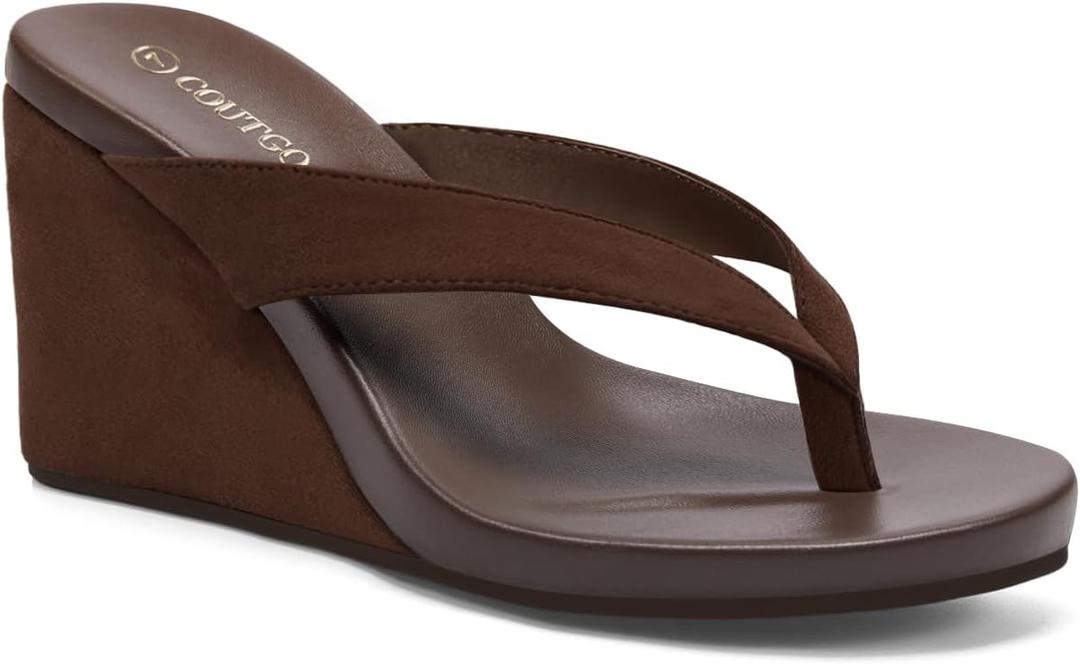Coutgo Womens Wedge Heels Sandals Platform Flip Flops Slides Slip On Summer Beach Shoes (8, Dark Brown)