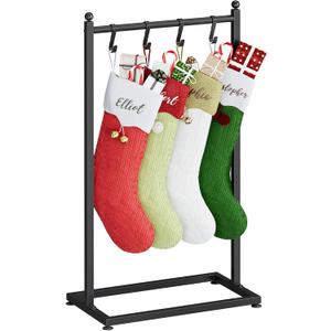LANDVOI Christmas Stocking Holder for Floor, Free Standing Metal Stocking Hanger with 4 Removable Hooks, Stable Base & Adjustable Feet, Black