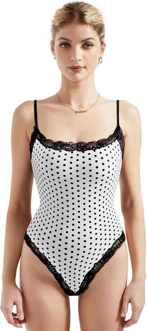 SUUKSESS Women Square Neck Lace Bodysuit Sleeveless Spaghetti Strap Tank Top (Medium, White Polka Dots)