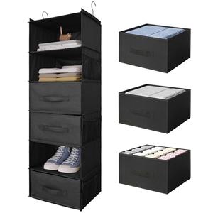 DonYeco 3 Shelf Hanging Closet Organizer with Drawers, Wardrobe Clothes Storage Foldable Portable Hanging Closet Shelves for Clothes Shoes, 47"x13.75"x12.25", Black