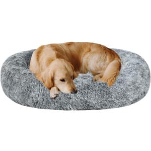 Coohom Oval Calming Donut Cuddler Dog Bed,Shag Faux Fur Cat Bed Washable Round Pillow Pet Bed(30"/36"/43") for Small Medium Dogs (XXL(43"x34"x8"), Grey)