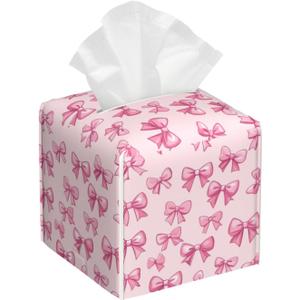 Cute Bows Tissue Box Cover Square Leather Tissue Case Holder Facial Paper Organizer Decorative for Tabletop Night Stands Desk Bathroom Kitchen Car Office Home Decor