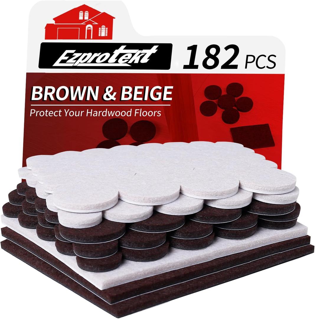 Felt Furniture Pads - 182 Pcs Furniture Pads Hardwoods Floors Self Adhesive, Anti Scratch Floor Protectors for Furniture Feet Chair Legs, Furniture Felt Pads, Brown & Beige