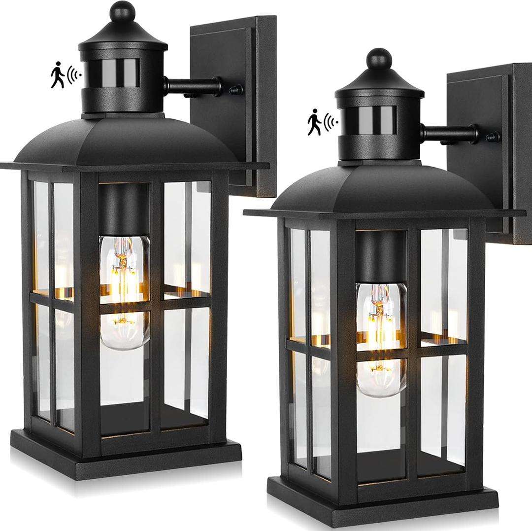 13in Motion Sensor Porch Lights, Anti-Rust 100% Aluminum Dusk to Dawn Outdoor Light Fixtures, Exterior Wall Lanterns Sconce Lighting Black, Outside Lights for House Wall Mount for Entryway Garage, 2 packs