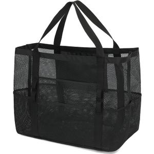 Mesh Beach Bag - Large Beach Tote Bag with Multiple Pockets for Family Beach Bag for Toys & Vacation Essentials (Black)