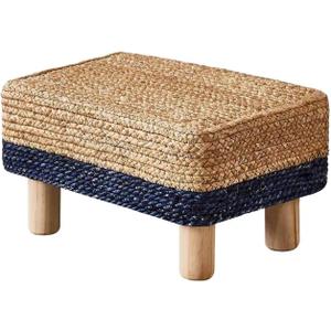 Wimarsbon Natural Seagrass Footstool Ottoman Rectangular Footrest Pouf Ottomans with Wooden Legs Hand Weave Step Stool for Living Room Bedroom Entryway Blue, 12"D x 16.5"W x 9.5"H