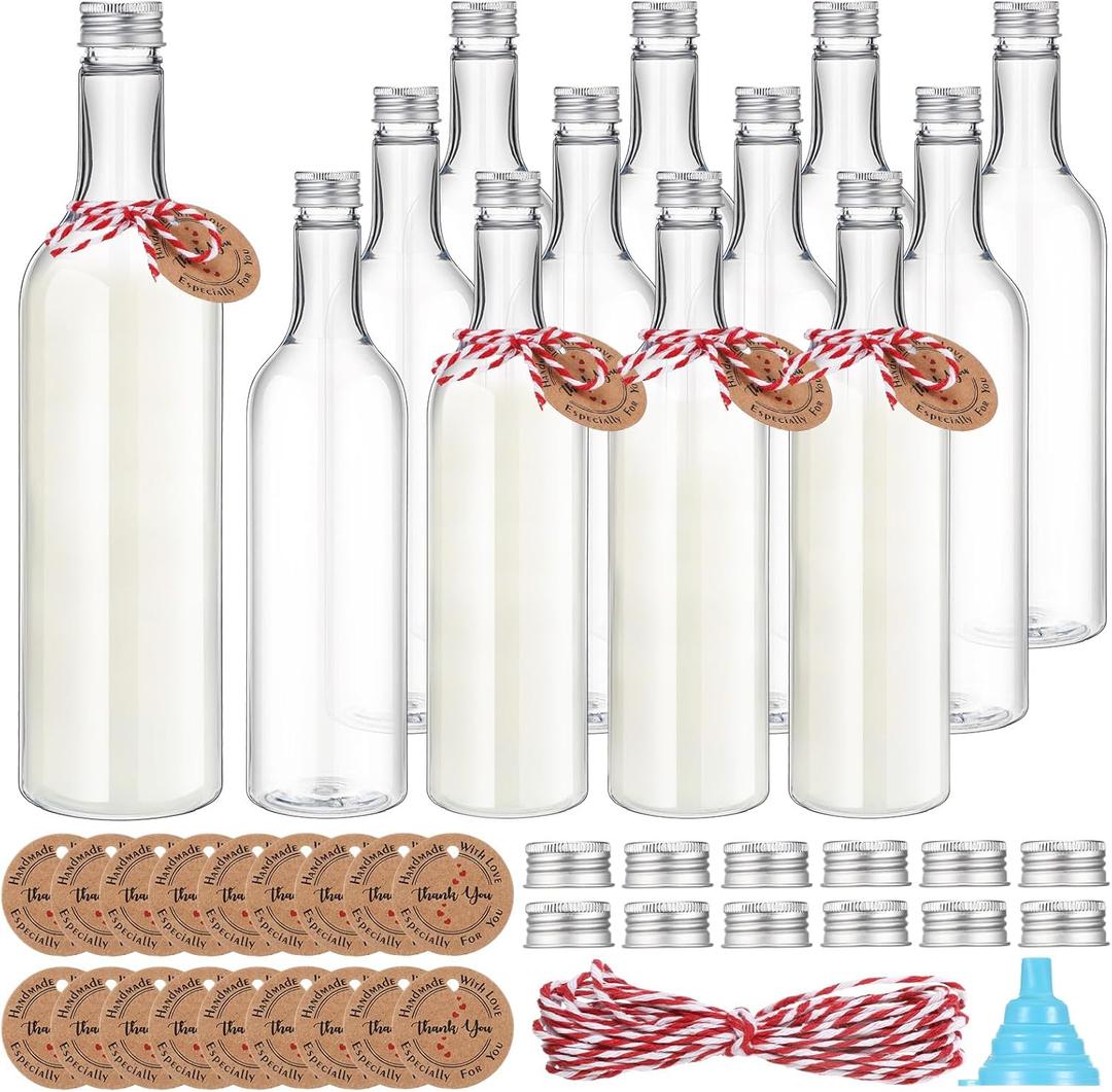 Tioncy 24 Pack 750ml Christmas Plastic Coquito Bottles 25 oz Clear Plastic Coquito Wine Bottles with Caps Pine Cone Needles Branches and Bow Ornaments for Home Brewing Xmas Party Favors