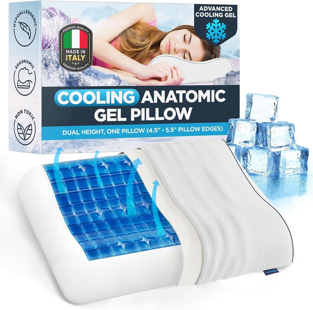 Technogel Anatomic Cooling Gel Pillow - Ergonomic Gel Cushion Featuring Dual-Level (5.5" & 4.5") Neck Support Pillow, Removable and Washable Fabric Case, Standard Size (26"× 26")