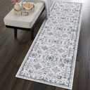 vivorug Machine Washable Runner Rug, 2' x 7', Entryway Rug Hallway Runner Rug, Floral Area Rug Vintage Inspired, Ivory/Blue