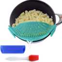 Clip On Kitchen Food Strainer for Spaghetti, Meat, Pasta, & Ground Beef Grease, Colander & Sieve Snaps or Clips Onto Bowls, Pots & Pans Includes Silicone Drainer, Brush & Garlic Peeler (Aqua)