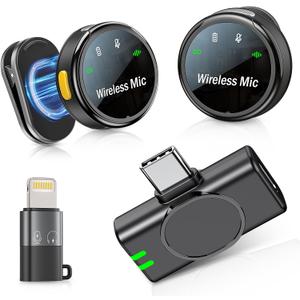 2 Pack Mini Microphone for iPhone iPad and Android Phone, Wireless Lavalier Microphone Noise Reduction Lapel Mic for Video Recording, Interview, YouTube, Vlog, Tiktok