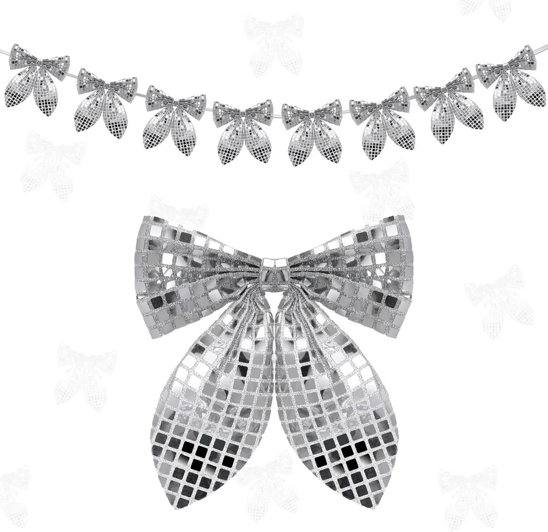 Hahafelt 9.84ft 1 String of 8 Disco Bows Garland 7 x 6.7 Inches Disco Mirror Bow Hanging Banner Decorations for Christmas Tree Mantle Fireplaces Wall Holiday Birthday Bridal Shower Wedding Engagement