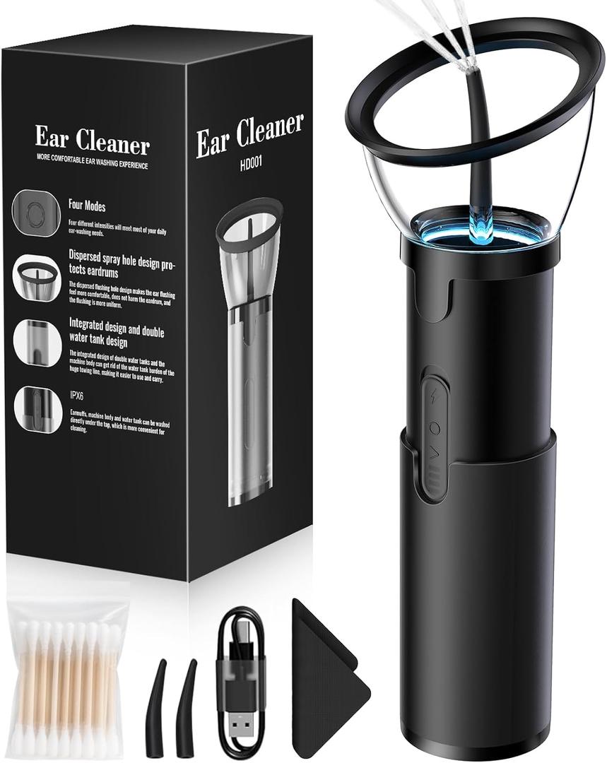Ear Wax Removal, Retractable Ear Cleaner with 4 Modes, IPX6, Electric and Water Resistant Ear Wax Removal Kit, Rechargeable Ear Cleaning Tool with USB, Ear Washer for Humans In-home (Black)