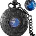 Tiong Pocket Watch Hollow Blue Star Design Roman Numerals Quartz with Chain Christmas Birthday Gifts
