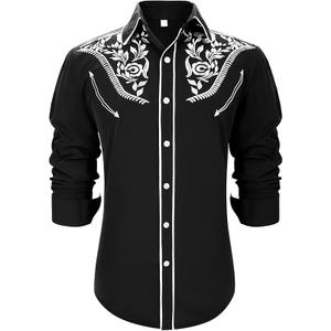 Western Shirts for Men Cowboy Shirts Retro Print Long Sleeve Country Shirt Slim Fit Button Down Shirt Casual Work Black M