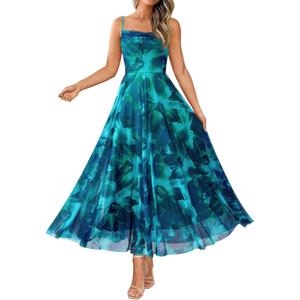 BTFBM Women Summer Floral Maxi Dresses Elegant Spaghetti Strap Dress Printed Party Dress Beach Long Dresses (Small, Floral Lake Blue)
