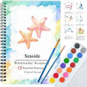 2 x SLWBZ Watercolor Workbooks Coloring Book, Beginner Friendly Painting Kit, Detailed Steps, Creative Exploration Watercolor Book with Paint Set for Adults Teens (Seaside, with Paint)